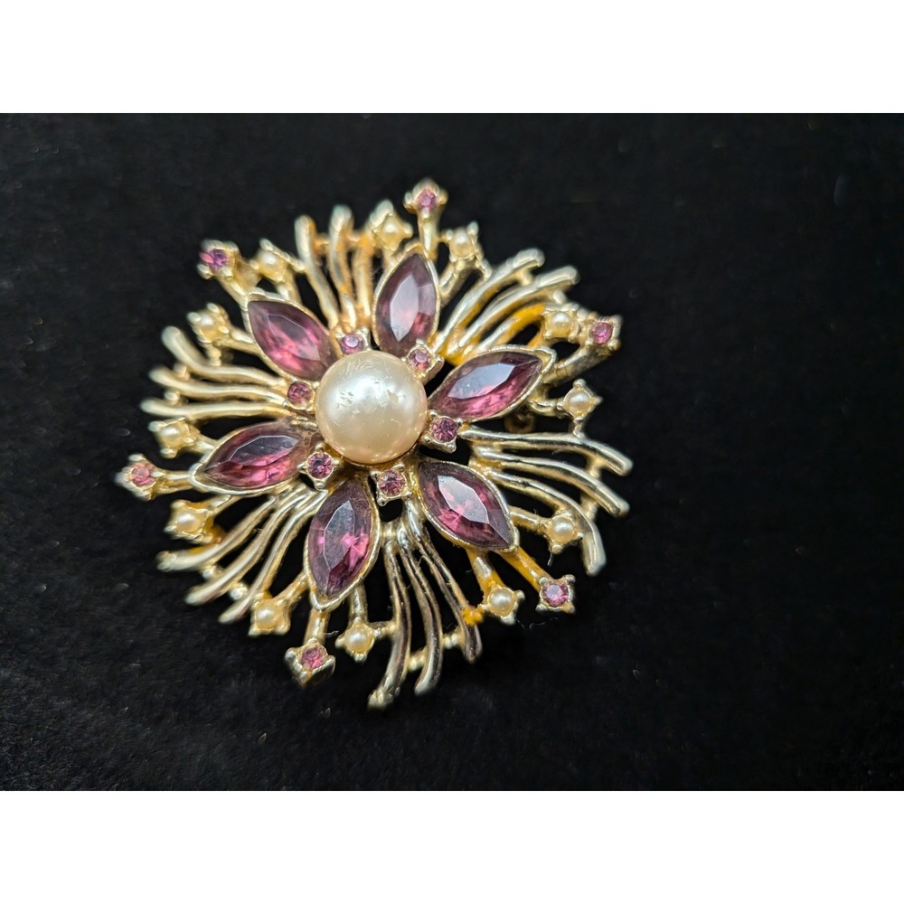 Vintage Gold Tone Starburst Brooch Purple Rhinestone Faux Pearl Floral Pin